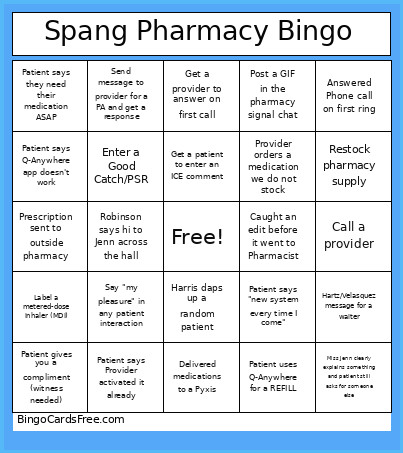 Spang Pharmacy Bingo Card