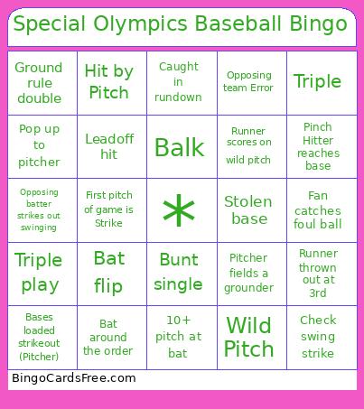Special Olympics Baseball Bingo