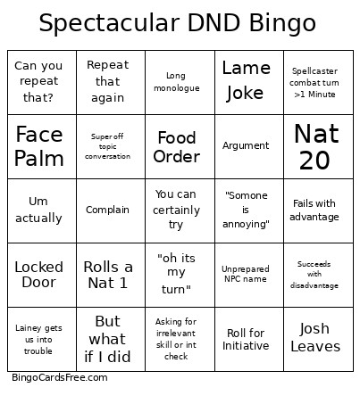 Spectacular DND Bingo Card