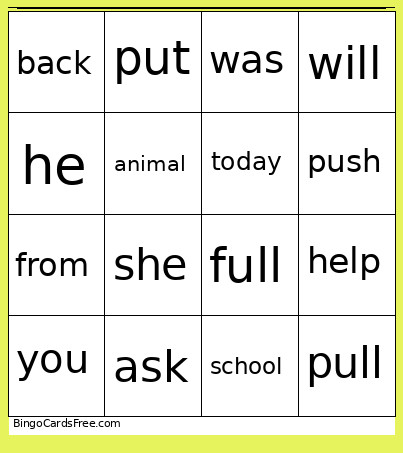 Spelling Bingo Card