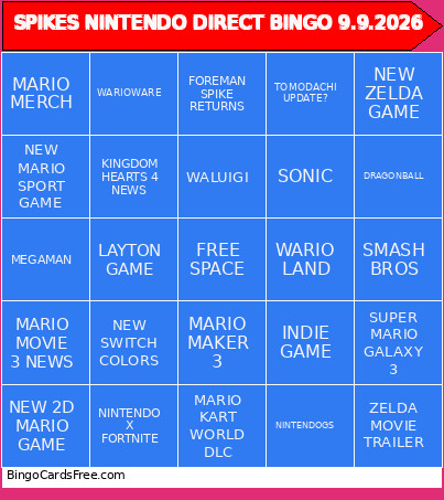 SPIKES NINTENDO DIRECT 9.9.2026 Bingo Card