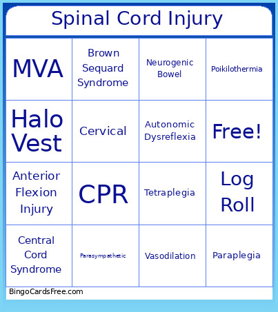 Spinal Cord Injury Bingo Card