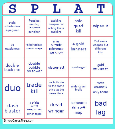 Splatoon Anarchy Bingo Card