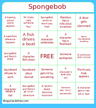 Spongebob Bingo Card