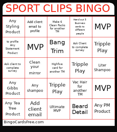 Sport Clips Bingo Card