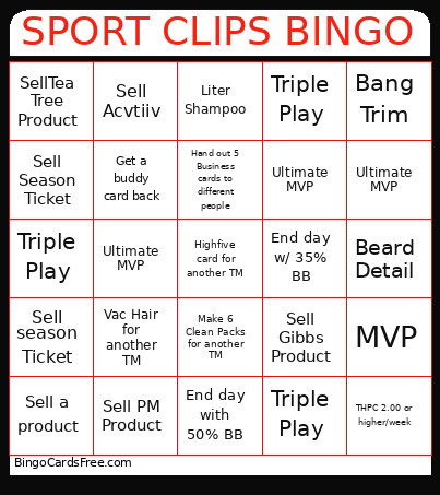 Sport Clips Bingo Card