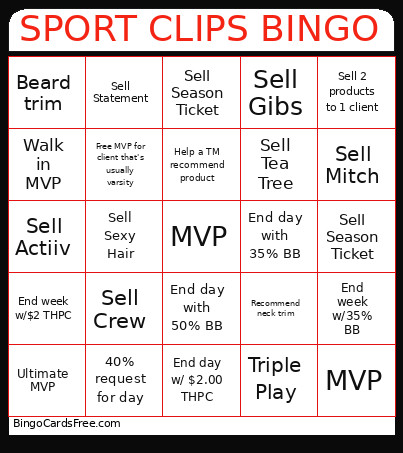Sport Clips Bingo Card