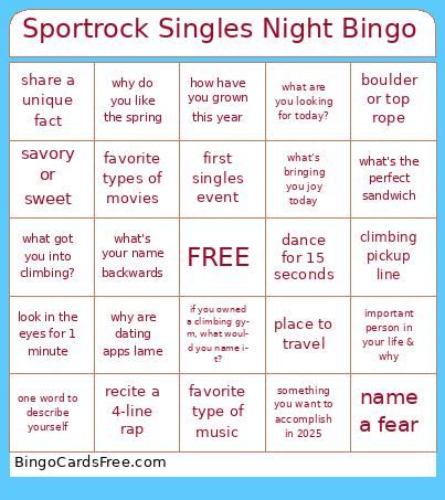 Sportrock Singles Night Bingo