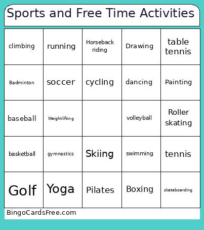 Sports And Time Activities Bingo Card