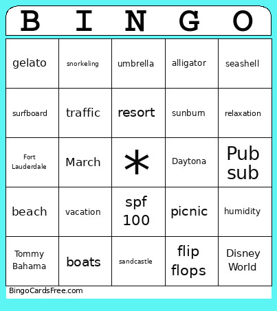 Spring Break Bingo Card