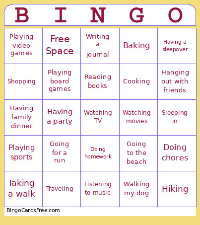Spring Break Bingo Card