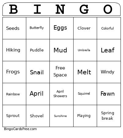 Spring Break Bingo Card