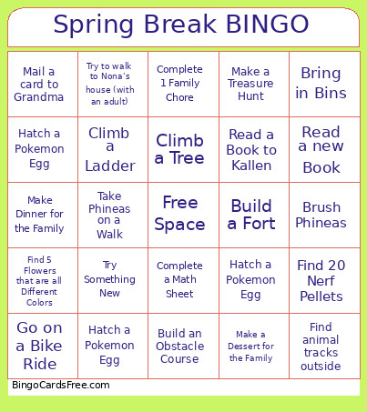 Spring Break Bingo Card