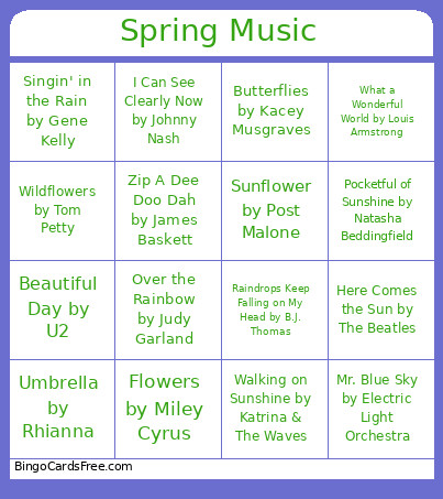 Spring Music Bingo Card