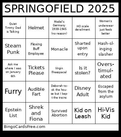 SPRINGOFIELD 1 Bingo Cards Free Pdf Printable Game, Title: SPRINGOFIELD 2025