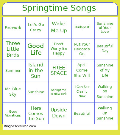 Springtime Songs Bingo Card