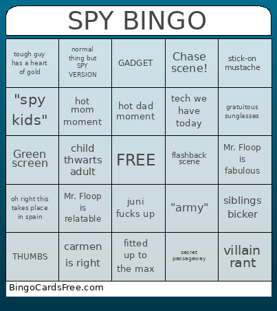 Spy Kids Bingo Card