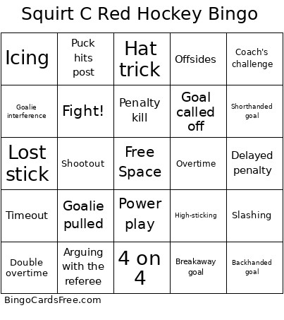 Squirt C Red Hockey Bingo Card