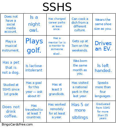 SSHS Bingo Card