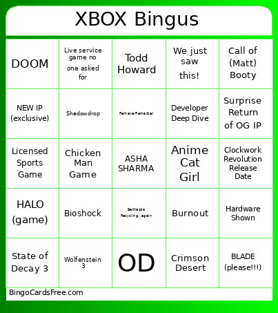 SSI Bingus (XBOX) Bingo Card