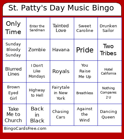 St. Patty's Day Music Bingo Card