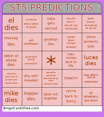 ST5 Predictions Bingo Card