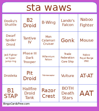 Sta Waws Bingo Card