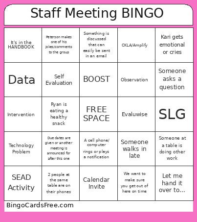 Staff Meeting Bingo Card