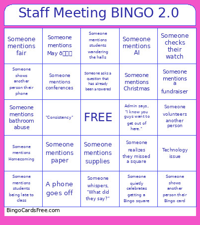 Staff Meeting 2.0 Bingo Card