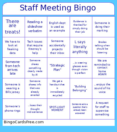 Staff Meeting Bingo Card