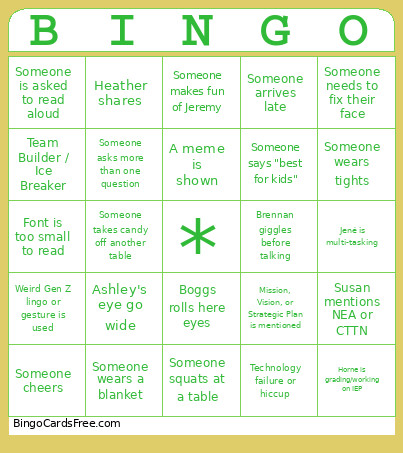 Staff Meeting Bingo Card