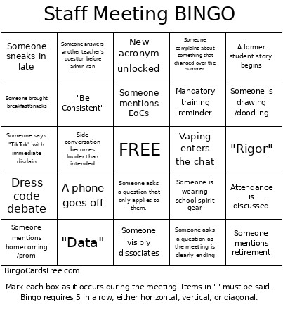 Staff Meeting Bingo Card