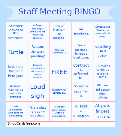 Staff Meeting Bingo Card
