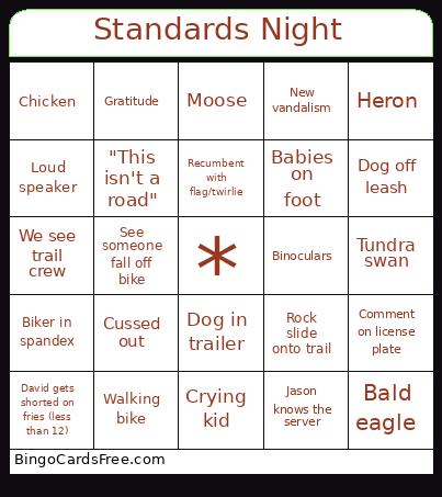 Standards Night Bingo Card