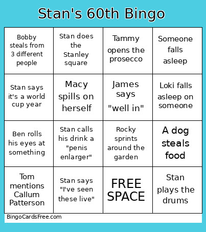 Stan's 60th Bingo Card