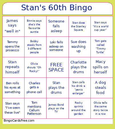 Stan's 60th Bingo Card