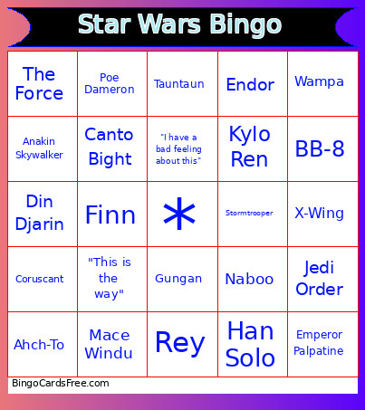 Star Wars Bingo Card