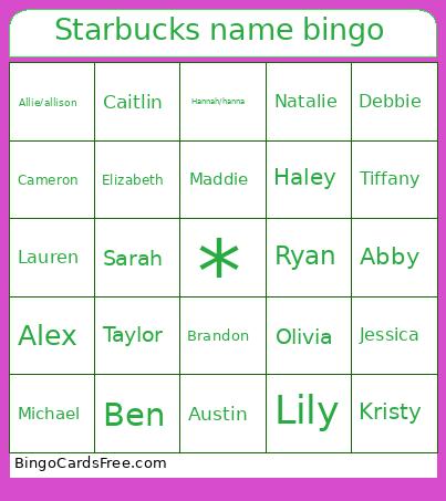 Starbucks name bingo