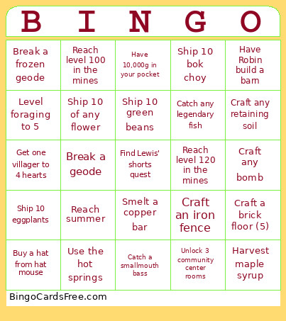 Stardew Bingo Card