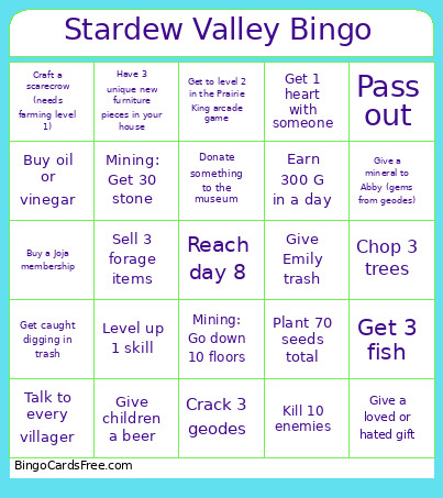 Stardew Valley Bingo Card