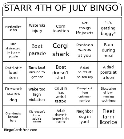 STARR 4TH OF JULY !!! Bingo Card