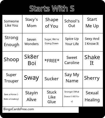 Starts With S Bingo