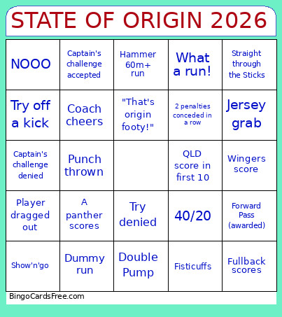 State Of Origin Bingo Card