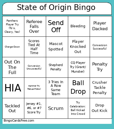 State Of Origin II Bingo Card
