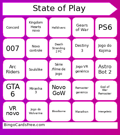 State Of Play Bingo Card