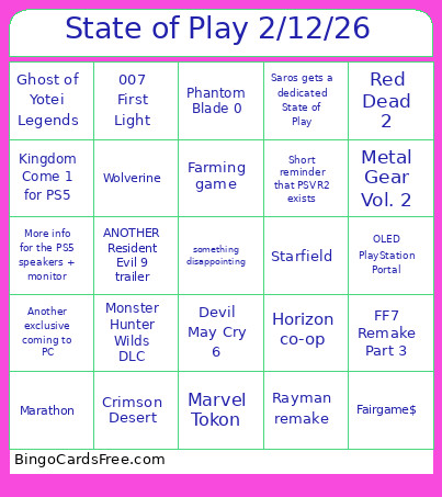 State Of Play 2/12/26 Bingo Card