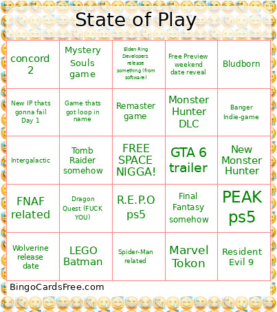 State Of Play Bingo Card