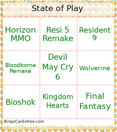 State Of Play Bingo Card