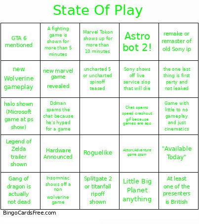 State Of Play Bingo Card