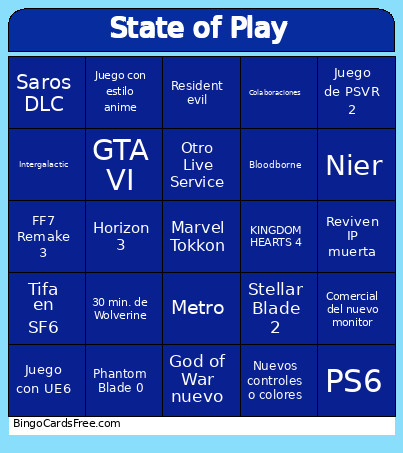 State Of Play Bingo Card